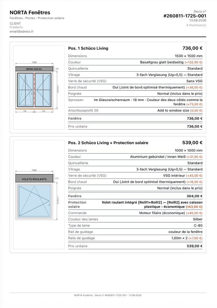 Exemple de devis authentique généré par le configurateur en ligne Norta : deux fenêtres Schüco Living avec protection solaire, chaque option chiffrée position par position